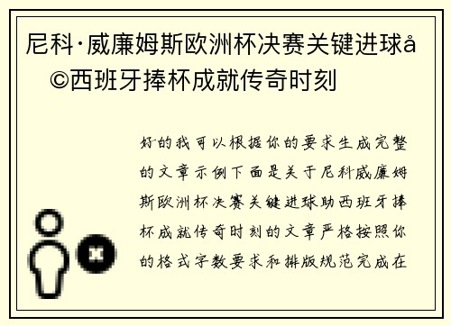 尼科·威廉姆斯欧洲杯决赛关键进球助西班牙捧杯成就传奇时刻